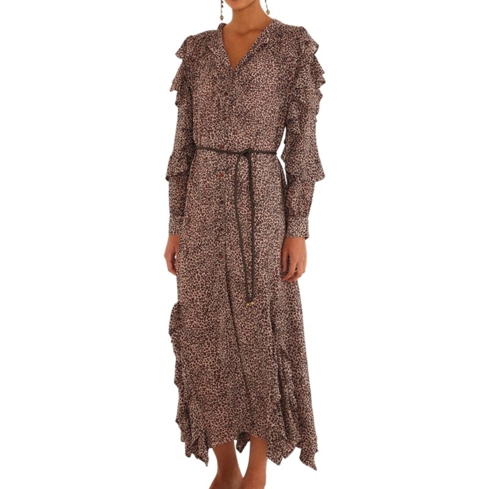 FARM RIO *FLAW NEW Medium Maxi Dress Baby Leopard Animal Print Ruffle Boho Mafia